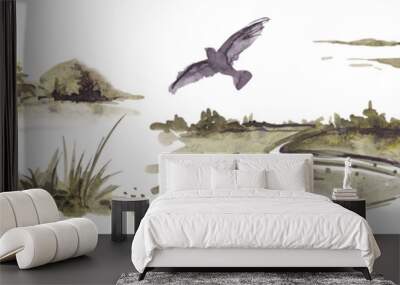 Watercolor landscape with forest, herbs, bird and field on a white background. Wall mural