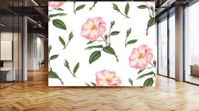 Watercolor seamless pattern with rosehip, Brier leaves and branches. Wall mural