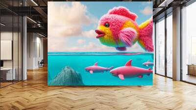 Whimsical scene with stuffed tropical fish in pink and yellow floating above water. Below pink sharks swim. Clear blue sky enhances vibrant, surreal atmosphere, Wall mural