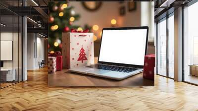 White laptop screen for online shopping for gifts and gift sets for Christmas and New Year's Eve stands on a wooden table against the backdrop of a decorated apartment. Device mockup. Generated AI Wall mural