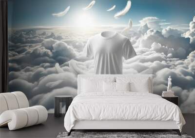 White shirt flying in clouds with feathers and providing whiteness and deep cleaning. Washing clothes and bleaching  Wall mural