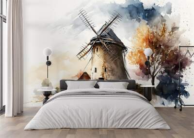 Windmill in watercolor painting style, AI generated Wall mural