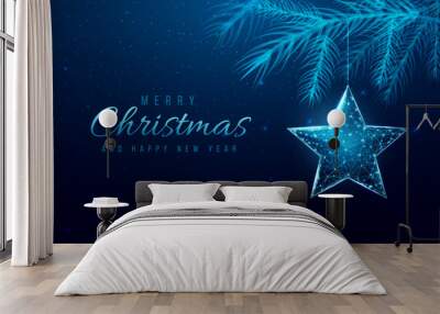 Wireframe Christmas star and Christmas tree branches, low poly style. New Year banner. Abstract modern 3d vector illustration on blue background. Wall mural