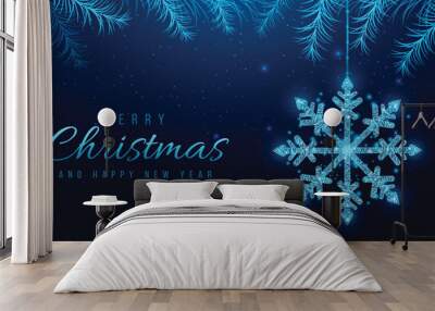 Wireframe snowflake and Christmas tree branches, low poly style. New Year banner. Abstract modern vector illustration on blue background Wall mural