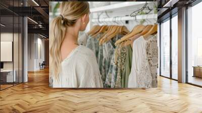 woman with a ponytail browsing through light, airy tunics on hangers in a boutique Wall mural