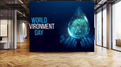 world environment day concept. banner with planet earth in wireframe polygonal water drop. futuristi Wall mural