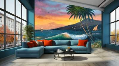 Original oil painting The palms on the beach Wall mural