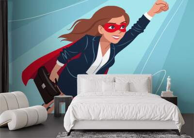 Young Caucasian superhero woman wearing business suit and cape, flying through air in superhero pose, on aqua background. Vector cartoon character illustration, business, achievement, goals theme. Wall mural