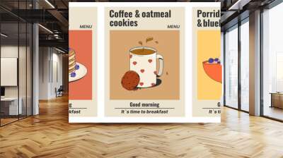 A set of menu covers, posters with a healthy breakfast: pancakes with blueberries, coffee with oatmeal cookies, porridge or oatmeal. Vector illustration in retro style of the 50s, 60s-70s. Wall mural