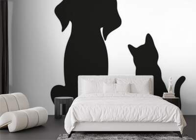 Silhouette of cat and dog on white background Wall mural