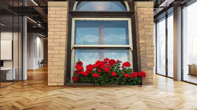 Brick wall with arched windows, flower pots. Old ornamented window with flowers Wall mural