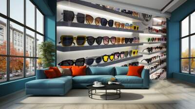 Display rack full of sunglasses. Fashionable sunglasses on the shop shelf Wall mural