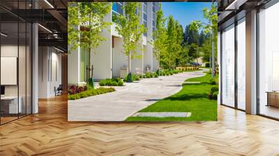 Green city street with walkway in residential area in sunny summer day Wall mural