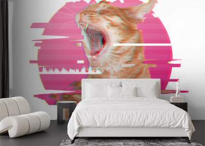 Glitch effect. Portrait of yawing red cat Wall mural