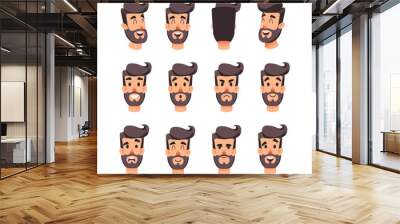 Man's head with different emotions. Cartoon vector male faces character set. Facial emotions for game or animation. Back, front, side head. Avatar of a young men with different expressions face Wall mural