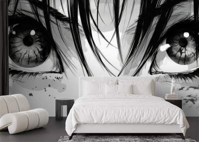 Manga eyes. Drawing of black and white anime character Wall mural