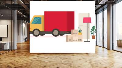 Moving truck and moving boxes outdoors. Removal Wall mural