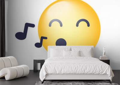 Singing smiley face. Emoji whistles a song. Cartoon emoticon with notes. Happy yellow cartoon character with eyes closed Wall mural