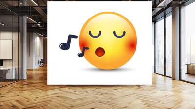 Singing smiley face. Emoji whistles a song. Cartoon vector emoticon with notes. Happy yellow vector cartoon character with eyes closed Wall mural