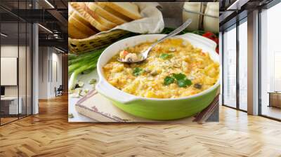 Casserole crumble with red fish, white bread and cheese on stone or slate background. Proper nutrition. Healthy lifestyle. Wall mural