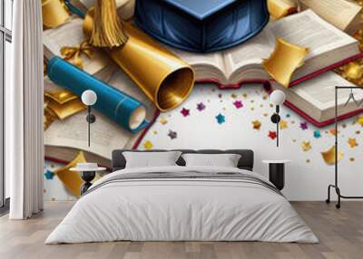 Congrats graduates background with books and graduation hat with confetti. Wall mural