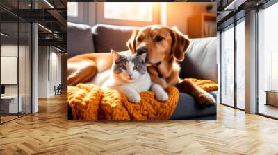 Cute dog and a cute cat other on the sofa, covered with a knitted blanket. Wall mural