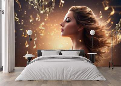 Music party invitation with silhouette elegance girl profile with music gold note hair. Night club concert flyer. Wall mural