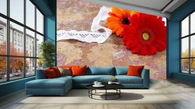 Red flower gerbera daisy and lace ribbon on vintage wooden backg Wall mural