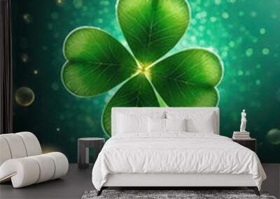 St Patrick's day banner background with green four leaf clover leaves and dreamy bokeh background. Wall mural