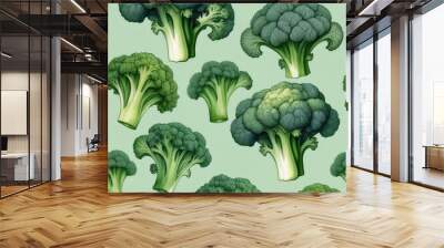 Summer harvest seamless pattern with green broccoli with leaves parsley on a pastel green background. Wall mural