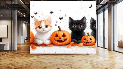 Sweet pattern featuring adorable cats showing different emotions, сarved halloween pumpkin and candles. Wall mural