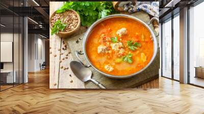 Tomato lentil soup with meatballs and vegetables on a wooden table. Wall mural