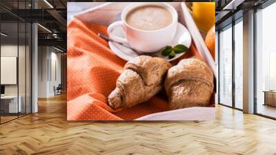 breakfast with fresh croissants and coffee on wooden table Wall mural