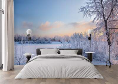 Evening on the river. Beautiful winter landscape with frost. Sunset, fog, haze Wall mural