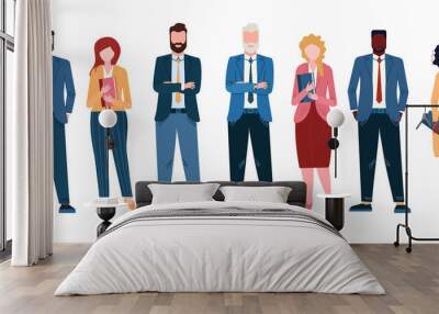 Group of diversity people in office. Afro American businessman in suit and woman in dress. Multicultural teamwork is standing. Aged Caucasian boss. Community of different employee. Business team. Wall mural