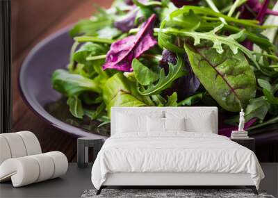 fresh salad with mixed greens (arugula, mesclun, mache) on dark wooden background close up. healthy  Wall mural