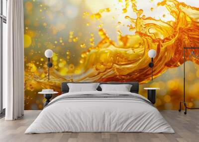 Golden liquid, oil or juice or yellow water splash close up.  Wall mural