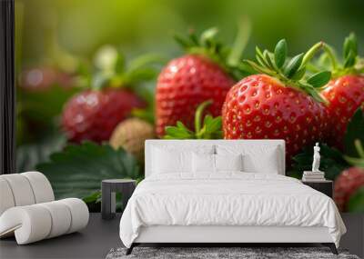 Ripe juicy strawberries in the garden close up. Healthy food, sweet dessert. Red berries. Wall mural