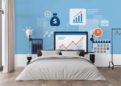 Business desktop with laptop and financial app Wall mural