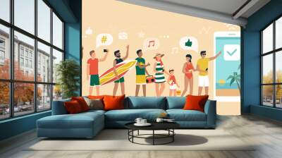 Cheerful people booking a summer vacation online Wall mural