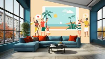 Cheerful people booking a tropical beach vacation online Wall mural