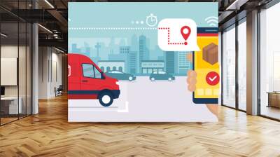 Fast delivery service app on smartphone Wall mural