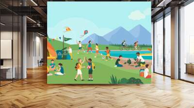 Happy kids enjoying summer camp together in the mountains Wall mural