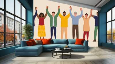 Happy people standing together and holding hands Wall mural