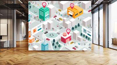 Isometric city map with people, buildings and pin pointers Wall mural