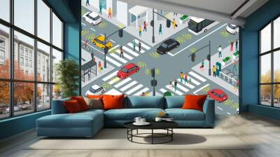 Smart transportation and vehicles moving in the city streets Wall mural