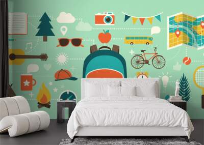 Summer camp, vacations and childhood icons Wall mural