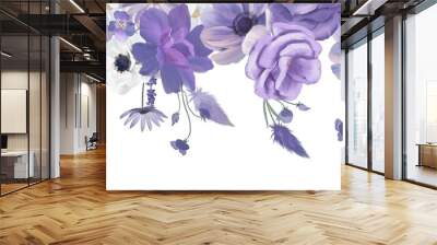 Seamless border with purple watercolor flowers isolated on white background Wall mural