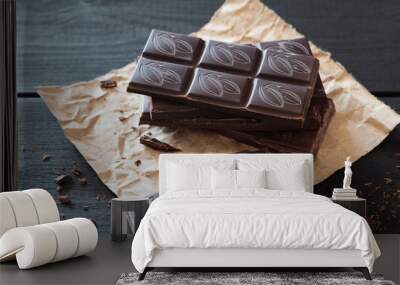 Chocolate pieces on black wooden background Wall mural