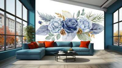 A watercolor vector winter bouquet with dusty blue flowers and branches. Wall mural